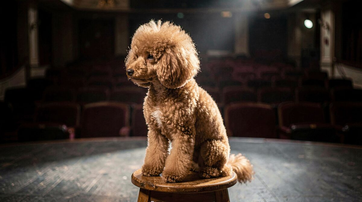 Un caniche nain tondu en lion, assis sur un tabouret de bois dans une salle de spectacle vide, éclairé par une lumière de scène rasante, cadré de profil en plan serré.