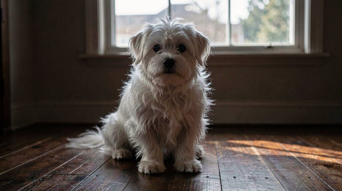 Un petit chien blanc à poil long assis sur un parquet sombre devant une fenêtre, lumière rasante de fin d'après-midi, cadrage serré à hauteur du chien, contraste marqué entre la robe claire et l'obscurité de la pièce.