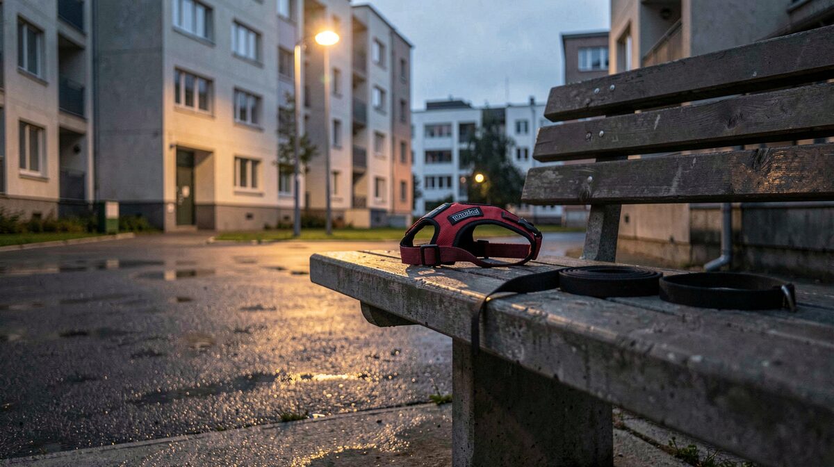 Une cour d'immeuble en béton au crépuscule, un harnais rouge posé sur un banc, une laisse enroulée à côté, lumière rasante d'un lampadaire qui vient de s'allumer, cadrage serré sur le banc et le sol mouillé.