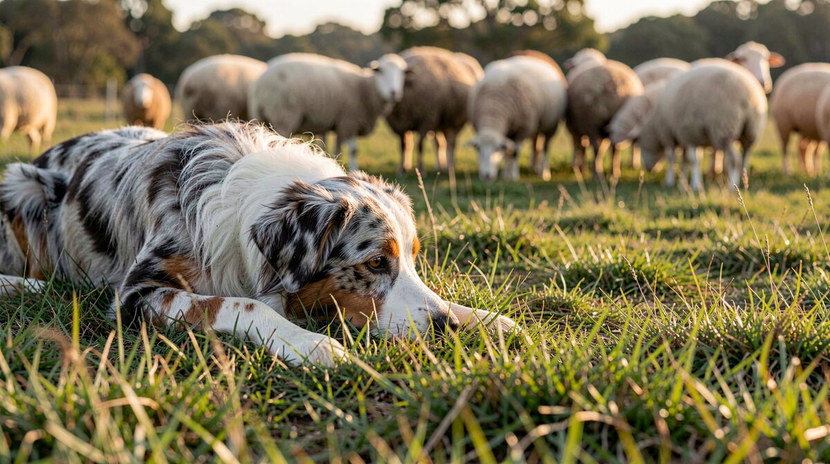 Un Berger Australien merle couché dans l'herbe rase d'un pré, tête basse et regard fixé sur un groupe de brebis hors cadre, lumière rasante de fin d'après-midi, cadrage large au niveau du sol.