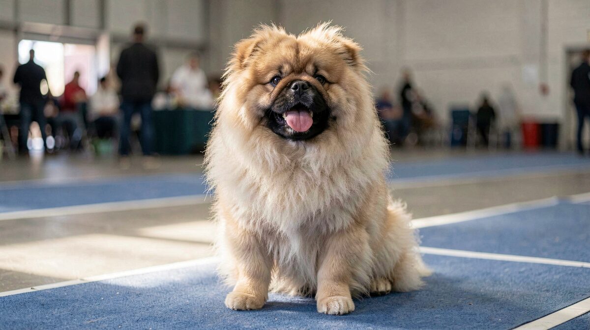 Un chow-chow à la langue bleue assis sur un tapis de exposition canine, éclairé par une lumière de salle, cadré en plan rapproché de trois quarts face.