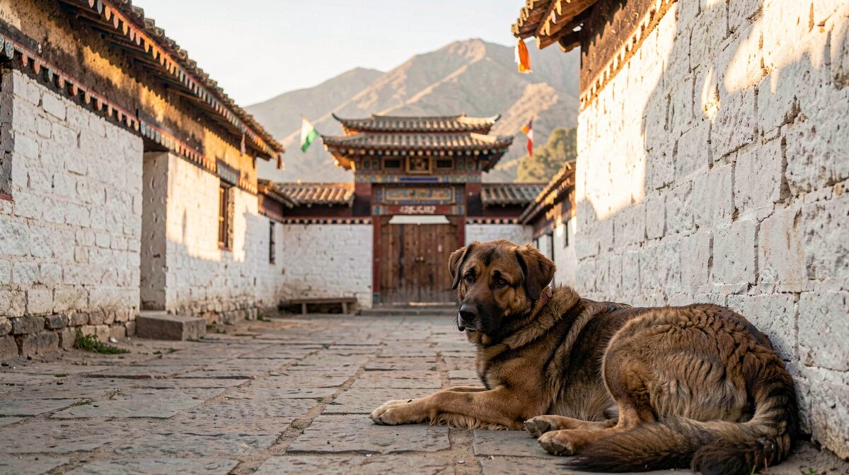 Une cour de monastère tibétain en fin d'après-midi, un grand chien à poil épais couché près d'un mur de pierre blanchi, lumière rasante dorée, cadrage large laissant voir la porte et la montagne derrière.