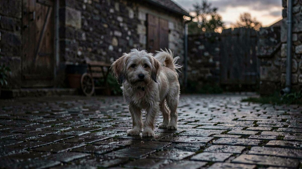 Une cour de ferme française au crépuscule, un petit chien à poil long et clair debout sur des pavés humides, sa silhouette se découpant en tache pâle contre un mur de pierre sombre, lumière rasante de fin de jour, cadrage serré à hauteur du chien.